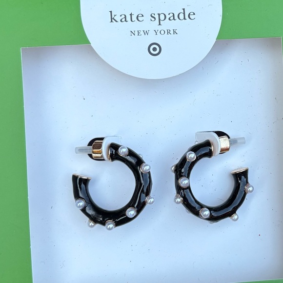 KATE SPADE NWT polka dot pearl hoop earrings -black/gold - Picture 5 of 5